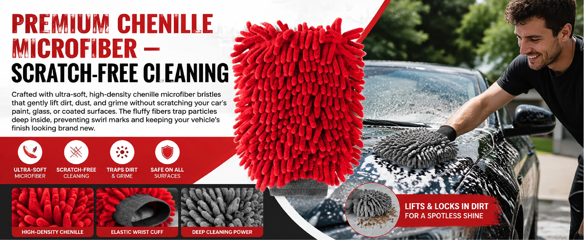 ถุงมือผ้า Chenille Wash Mitt ไมโครไฟเบอร์ของ Allroad 7 Pack