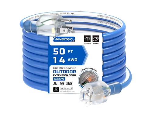 Aweltec 50 FT 14/3 SJEOOW สายไฟต่อกลางแจ้ง, 15A 1875W ปลายไฟ