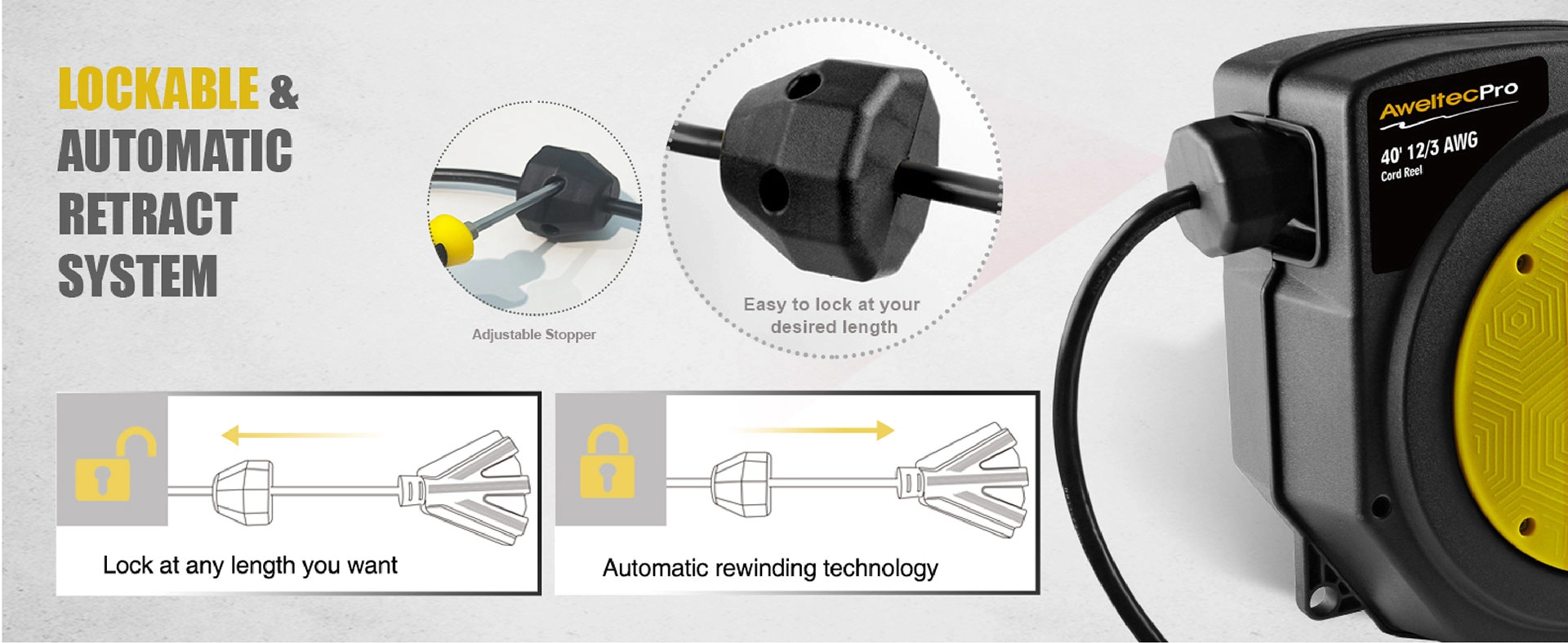AweltecPro 40FT ม้วนสายไฟต่อแบบยืดหดได้